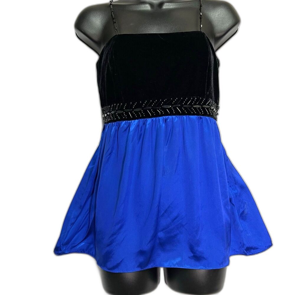 Vintage Boston Proper Silk Velvet Beaded Y2K Fairy Babydoll Top Blue Black Party